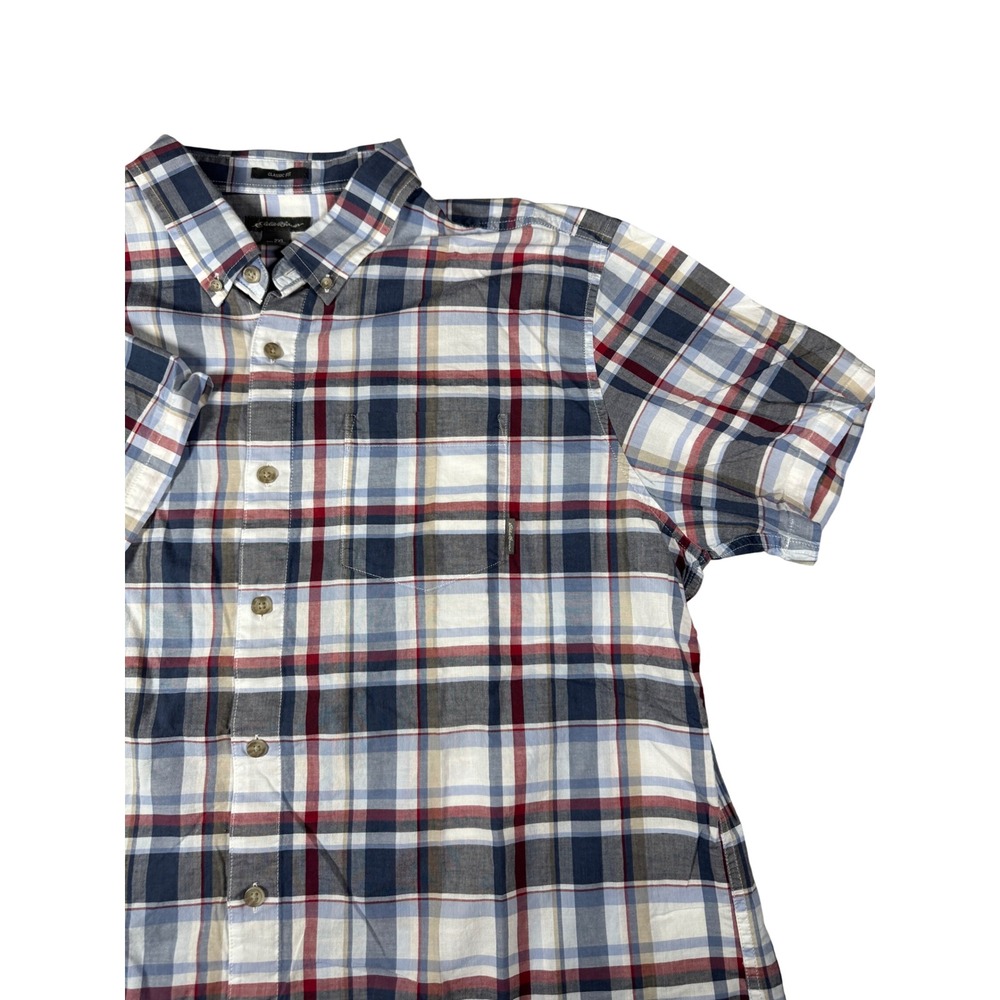 Eddie Bauer Plaid Button Down Mens 2XL Blue Red Good Short Sleeve Classic Fit